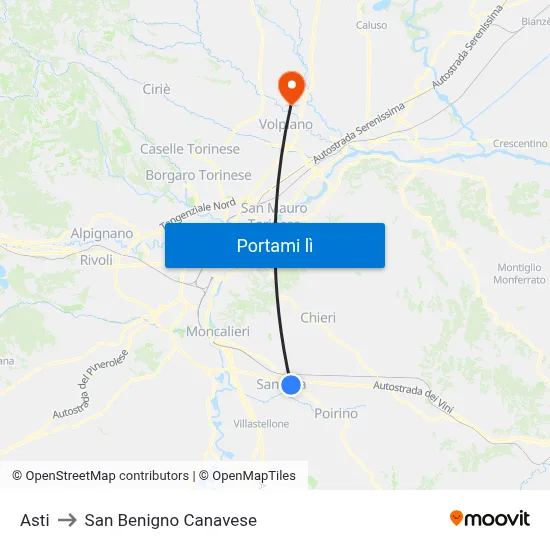Asti to San Benigno Canavese map
