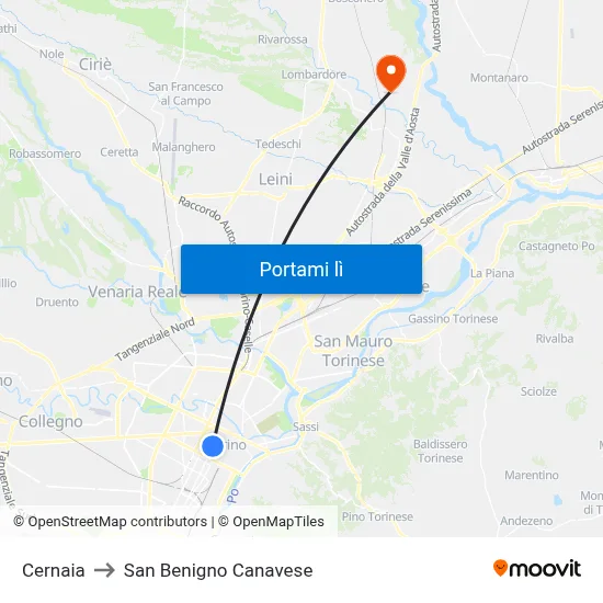 Cernaia to San Benigno Canavese map