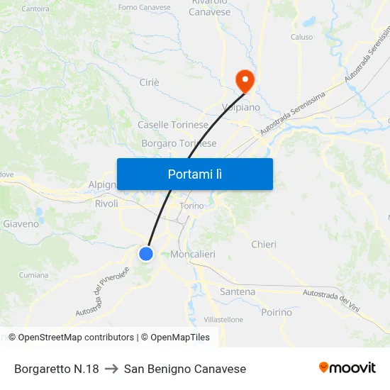 Borgaretto N.56 to San Benigno Canavese map