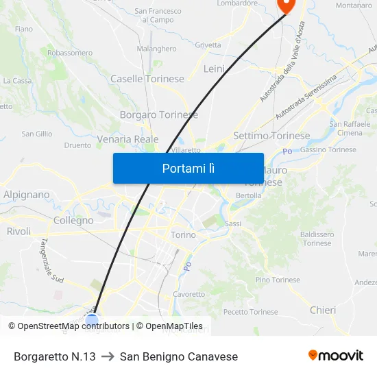 Borgaretto N.13 to San Benigno Canavese map