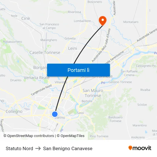Statuto Nord to San Benigno Canavese map