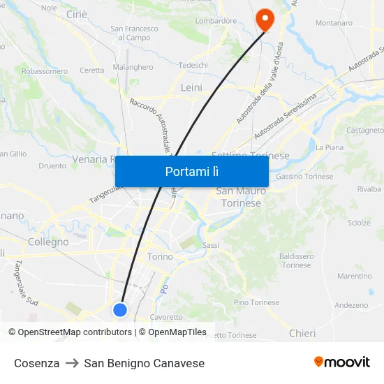 Cosenza to San Benigno Canavese map