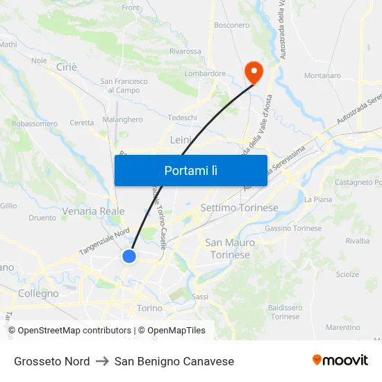 Grosseto Nord to San Benigno Canavese map
