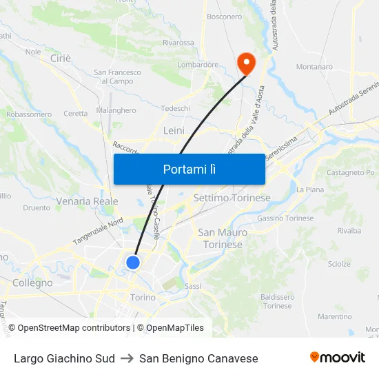 Largo Giachino Sud to San Benigno Canavese map