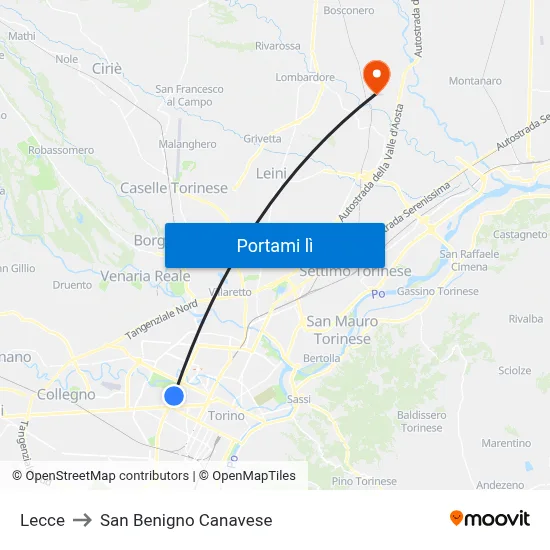 Lecce to San Benigno Canavese map