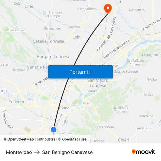 Montevideo to San Benigno Canavese map