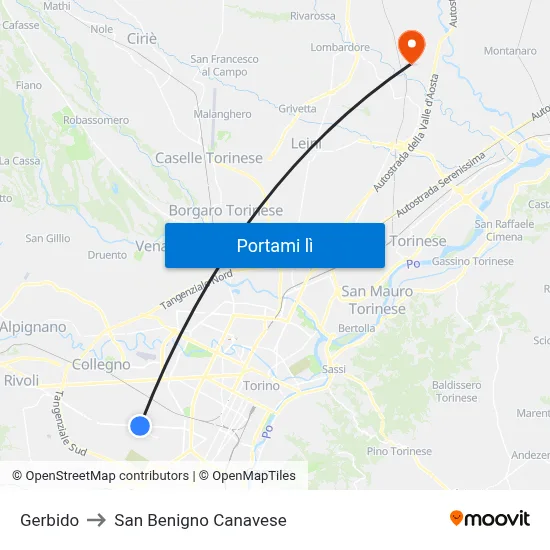 Gerbido to San Benigno Canavese map