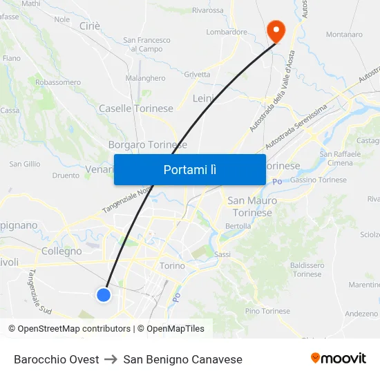 Barocchio Ovest to San Benigno Canavese map