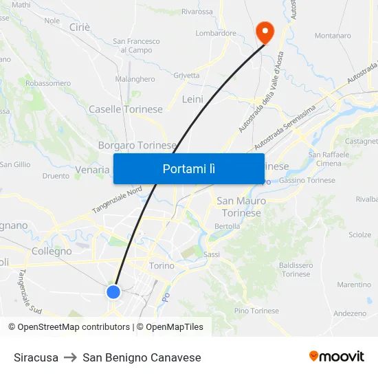 Siracusa to San Benigno Canavese map