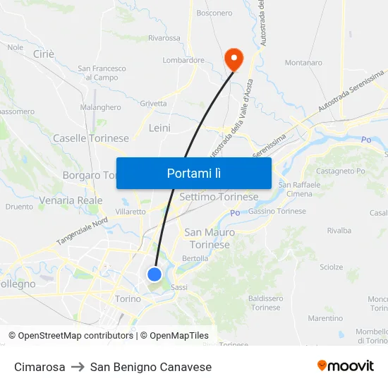 Cimarosa to San Benigno Canavese map