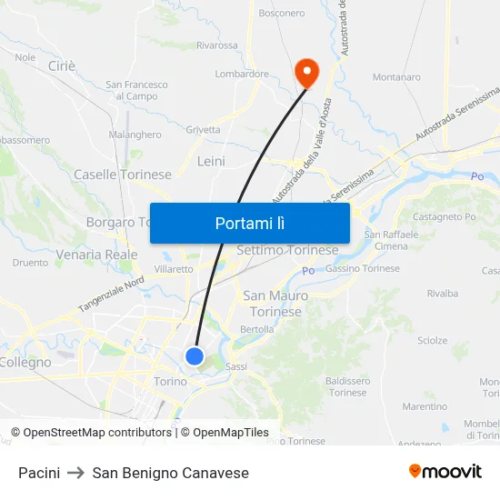 Pacini to San Benigno Canavese map