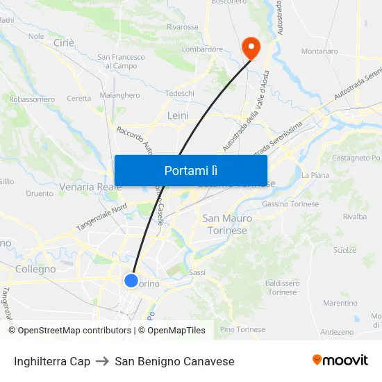 Inghilterra Cap to San Benigno Canavese map