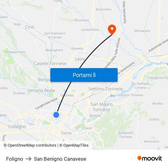 Foligno to San Benigno Canavese map