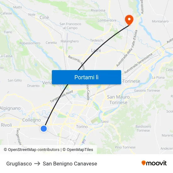 Grugliasco to San Benigno Canavese map