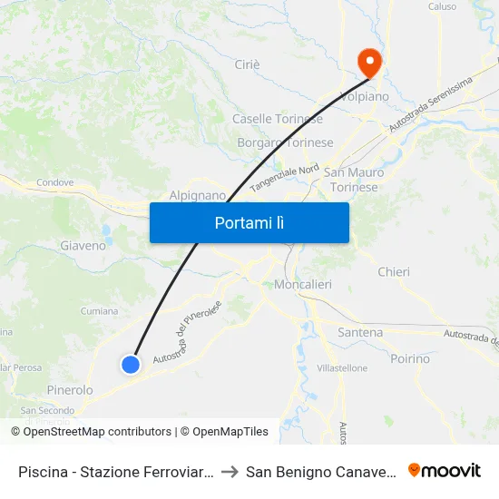 Piscina - Stazione Ferroviaria to San Benigno Canavese map