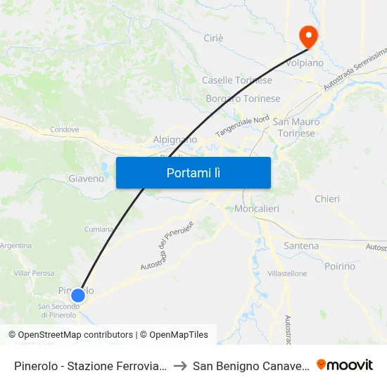 Pinerolo - Stazione Ferroviaria to San Benigno Canavese map