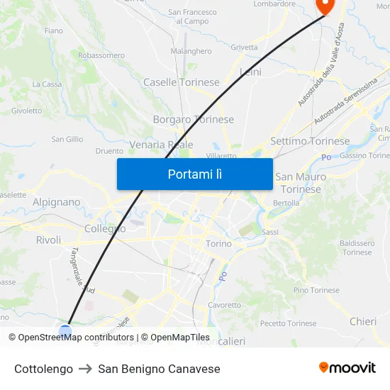 Cottolengo to San Benigno Canavese map
