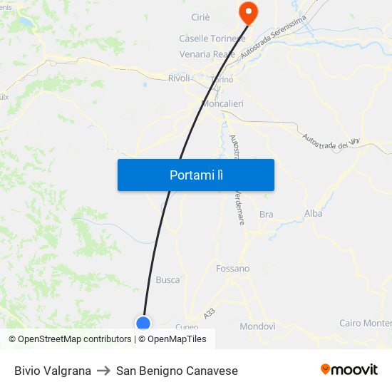 Bivio Valgrana to San Benigno Canavese map