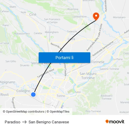 Paradiso to San Benigno Canavese map
