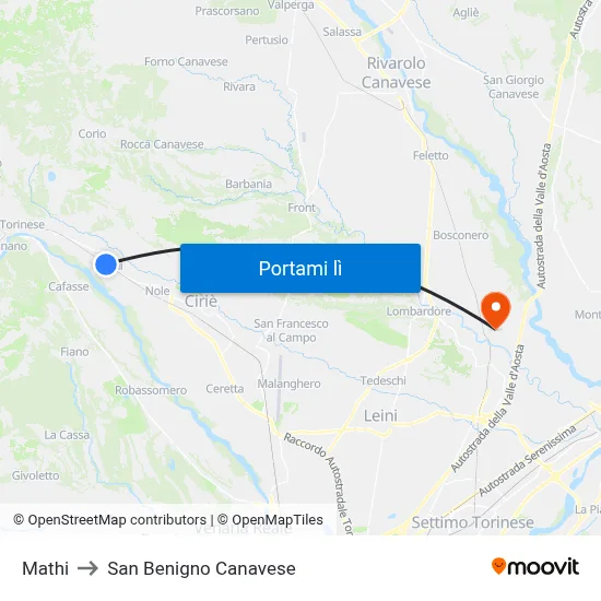 Mathi to San Benigno Canavese map