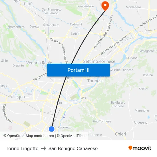 Torino Lingotto to San Benigno Canavese map