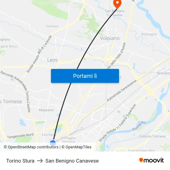 Torino Stura to San Benigno Canavese map