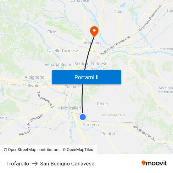 Trofarello to San Benigno Canavese map