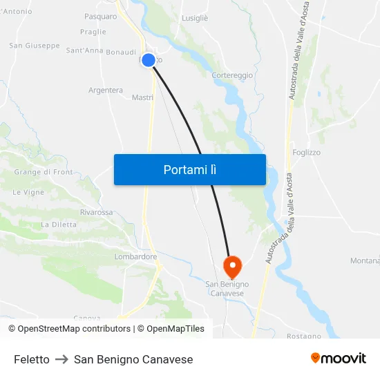 Feletto to San Benigno Canavese map