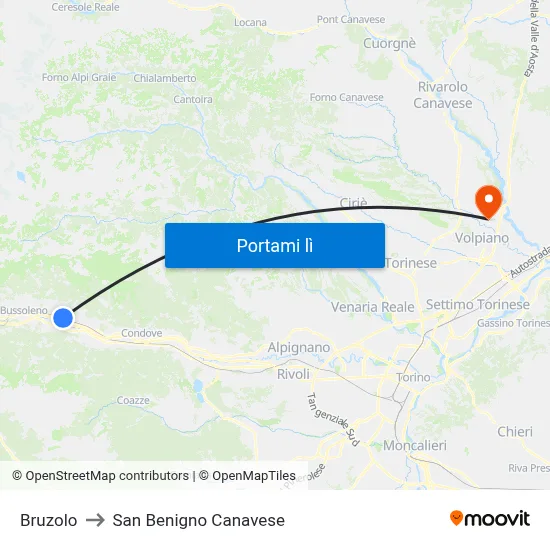 Bruzolo to San Benigno Canavese map