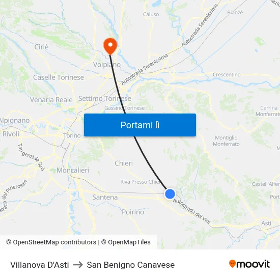 Villanova D'Asti to San Benigno Canavese map