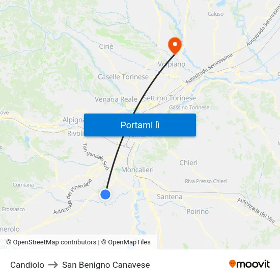 Candiolo to San Benigno Canavese map