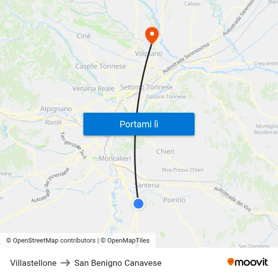 Villastellone to San Benigno Canavese map
