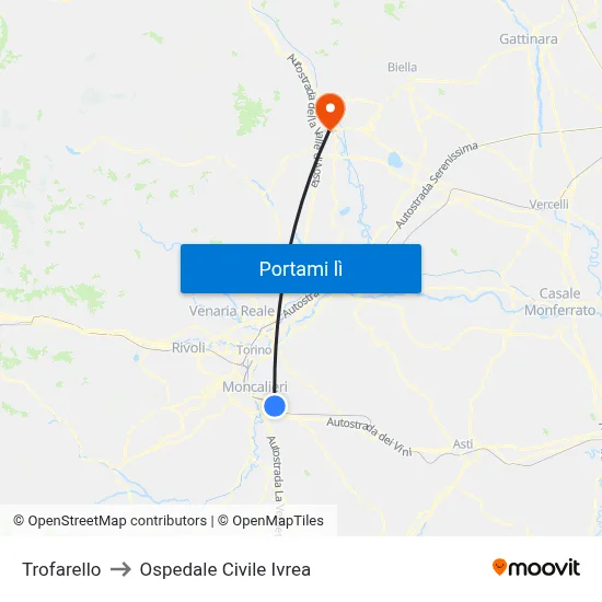 Trofarello to Ospedale Civile Ivrea map