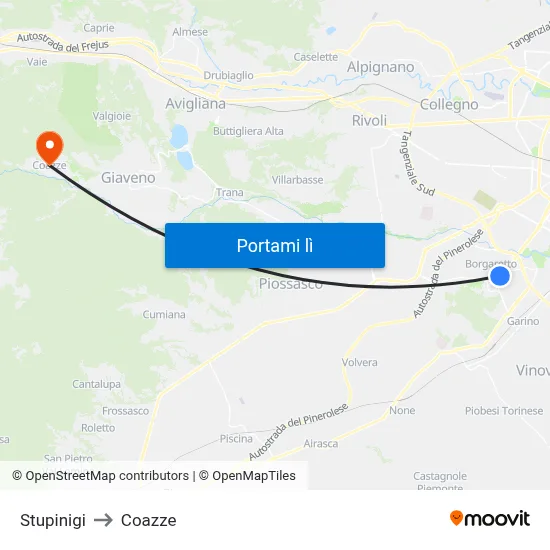 Stupinigi to Coazze map