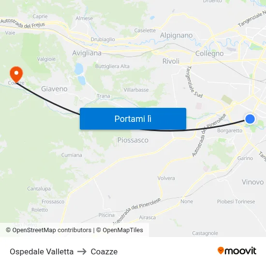 Ospedale Valletta to Coazze map