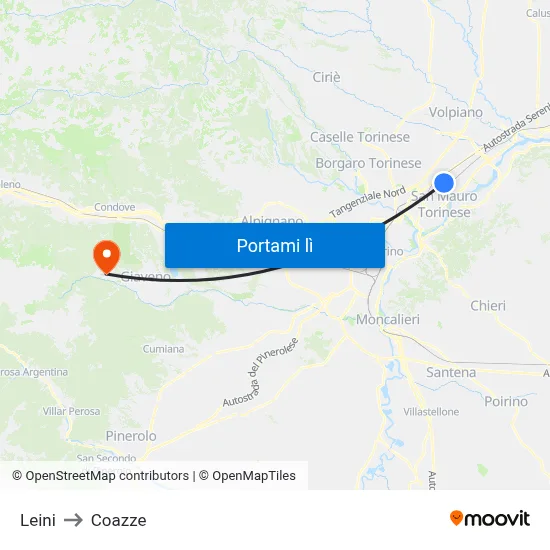 Leini to Coazze map