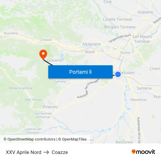 XXV Aprile Nord to Coazze map