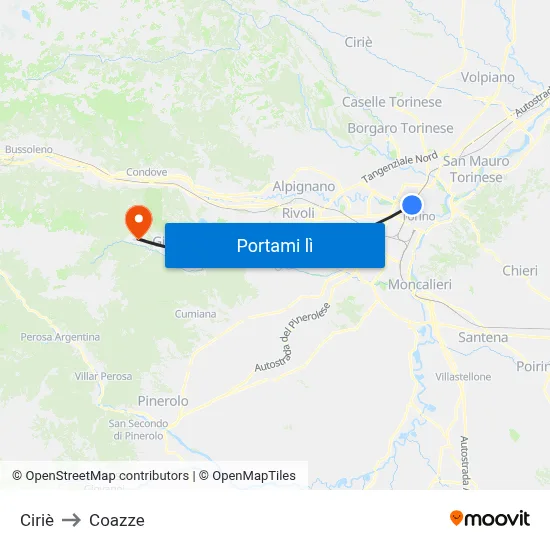 Ciriè to Coazze map