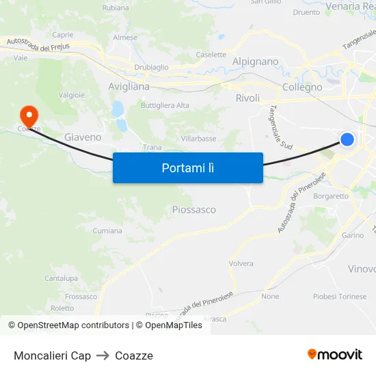 Moncalieri Cap to Coazze map