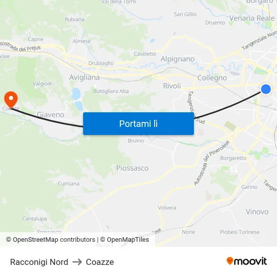 Racconigi Nord to Coazze map