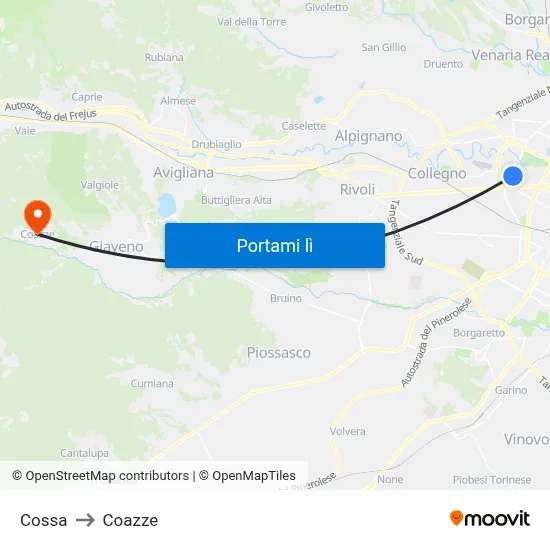 Cossa to Coazze map