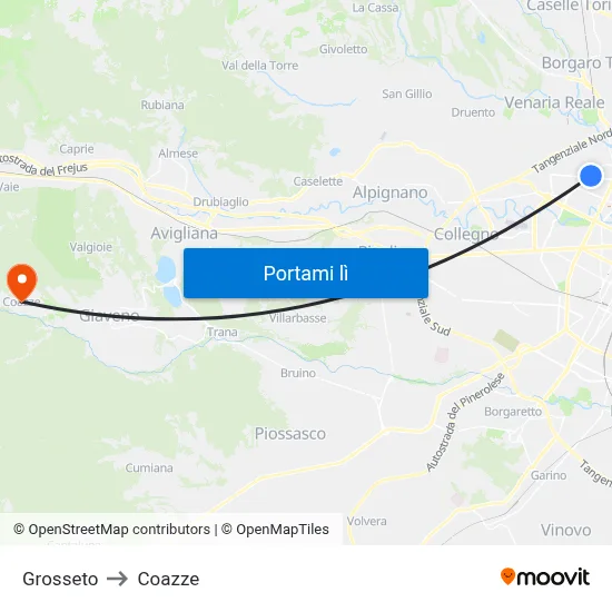 Grosseto to Coazze map