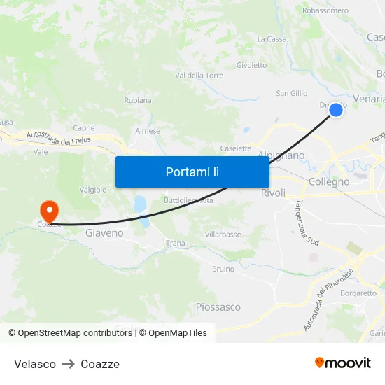 Velasco to Coazze map