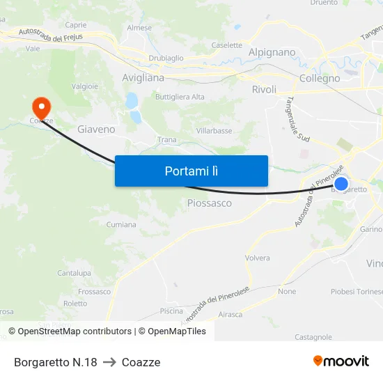 Borgaretto N.18 to Coazze map