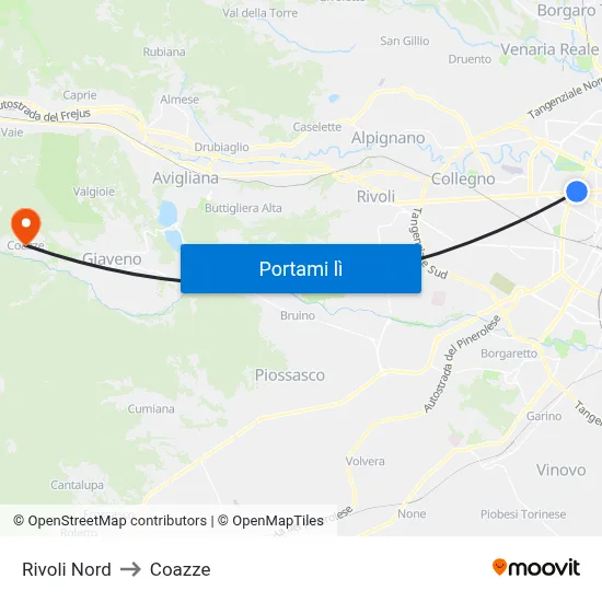 Rivoli Nord to Coazze map