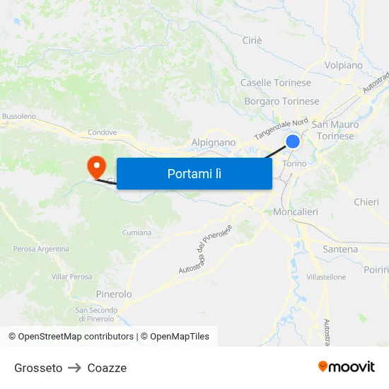 Grosseto to Coazze map