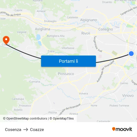 Cosenza to Coazze map