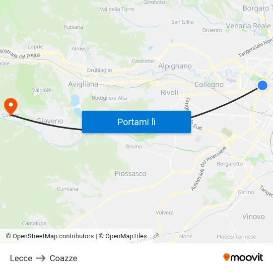 Lecce to Coazze map