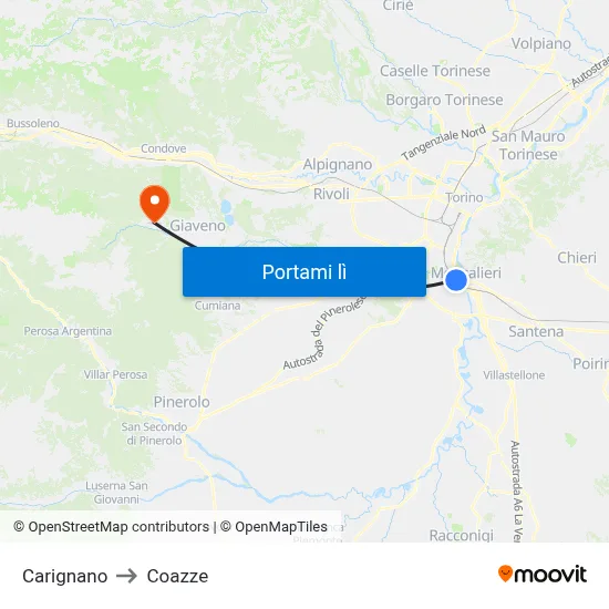 Carignano to Coazze map