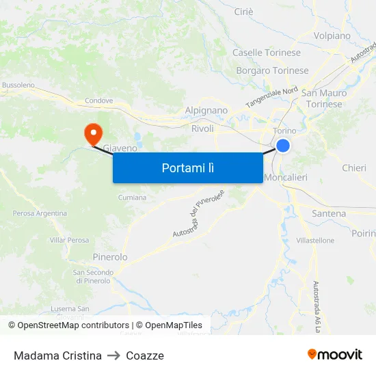 Madama Cristina to Coazze map